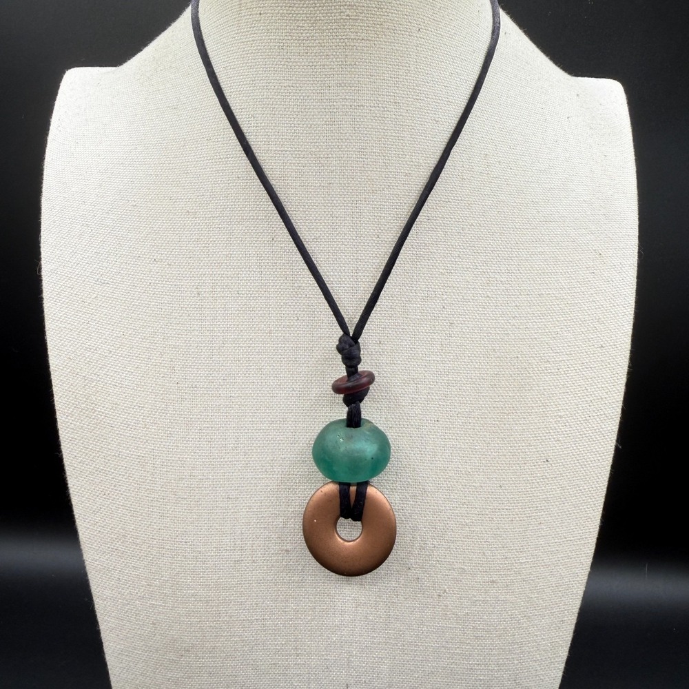 Black Cord Necklace Green Glass Bead Copper Tone Donut Pendant Boho Statement